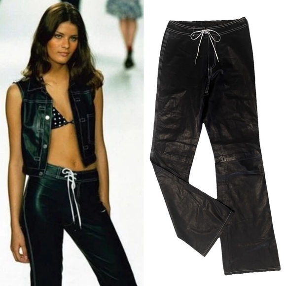 Ralph Lauren Purple Label Vintage Leather Flare Pants Lace Up Tie Front Runway 6 - Picture 1 of 14